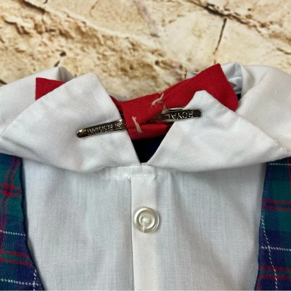 Vintage 80s Alexis Plaid Vest Baby Romper with Red Bow Tie